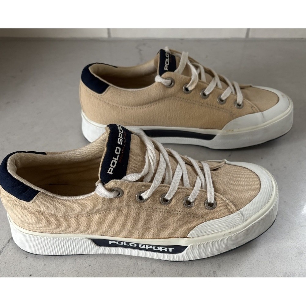 Vintage 90s Polo Sport Ralph Lauren Oatmeal Colour Canvas Sneaker Shoes Mens 6.5